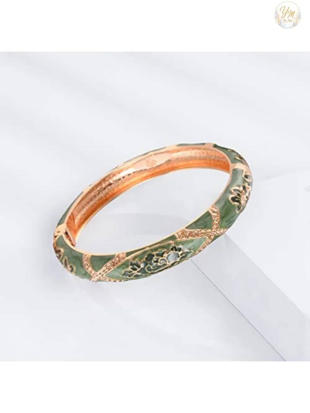 Cloisonne Enamel Rhinestone Rose Hinged Cuff Bracelet Set of 2 Alloy